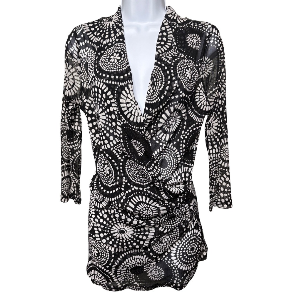 KAREN KANE Womens Black Mandala Sheer Wrap Front Top S Ruched Boho Office-Chic